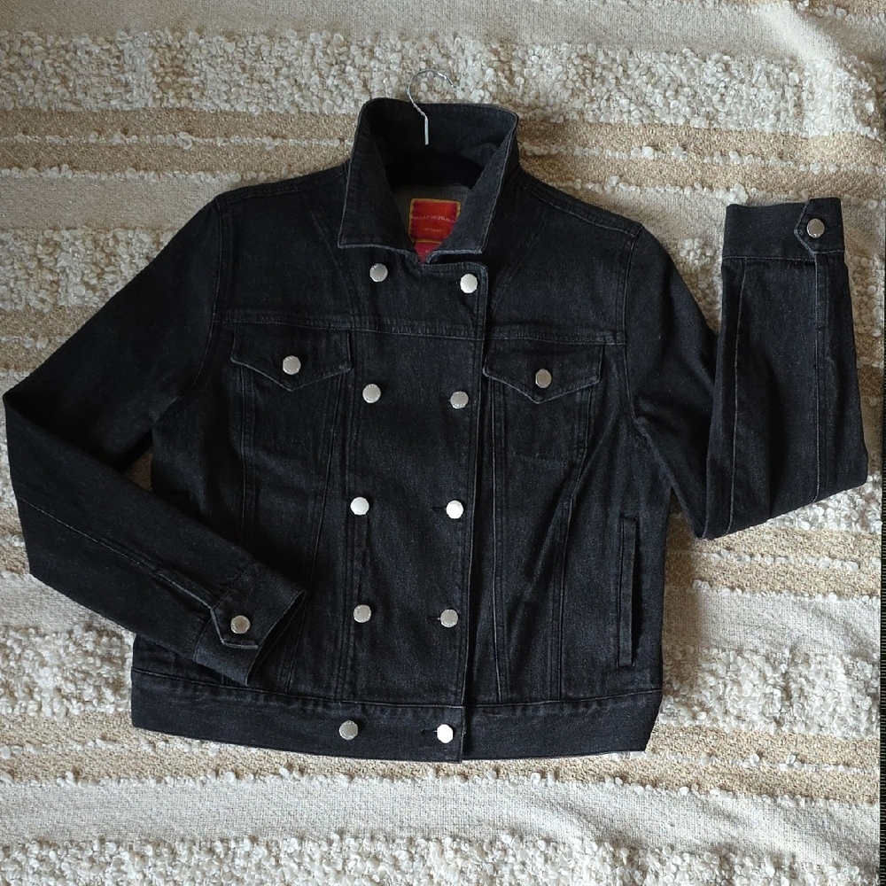 Charcoal Grey Black Double Breasted Denim Jean Trucker Jacket Medium